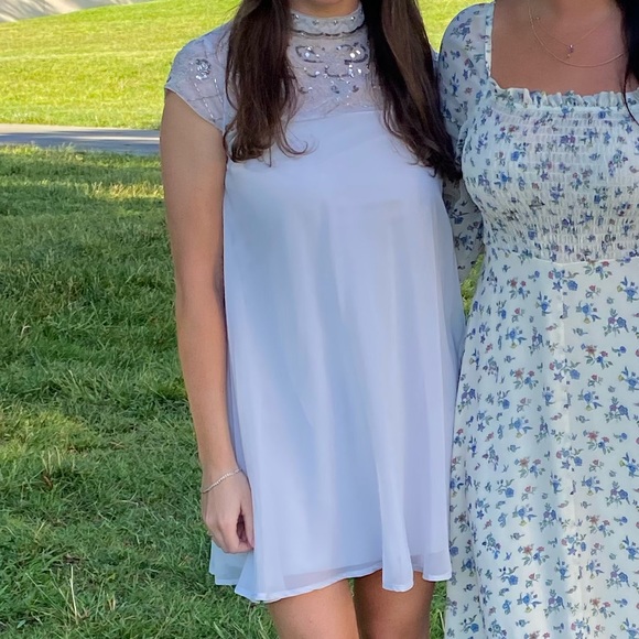 Mini light bluish gray chiffon dress. - Picture 1 of 5